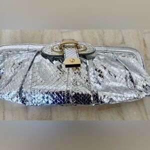 RAFE New York Silver Metallic Snakeskin-Effect Clutch with Gold Hardware